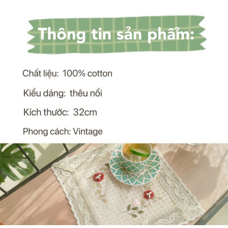 RH/Tấm lót ly cốc bình hoa thêu ruy băng Vintage trang trí phòng bếp decor phòng khách kiểu Âu