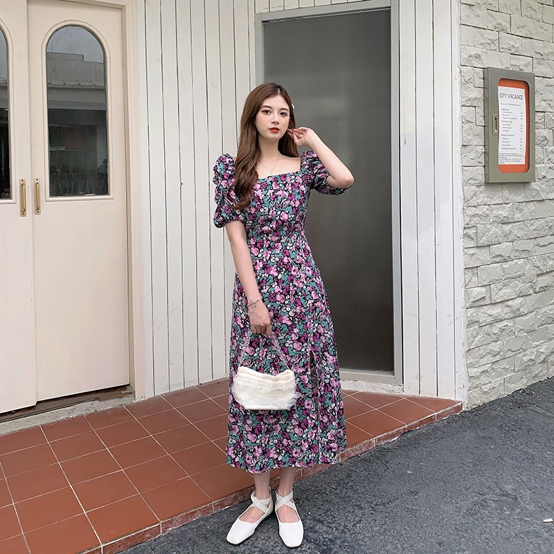 SUXI Đầm Nữ Ngắn Tay Cổ Vuông Họa Tiết Hoa Thời Trang