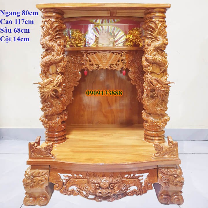 Bàn thờ thần tài ông địa gỗ gõ đỏ ngang 80cm quỳ trụ hộp đèn cột 14cm rồng cuộn