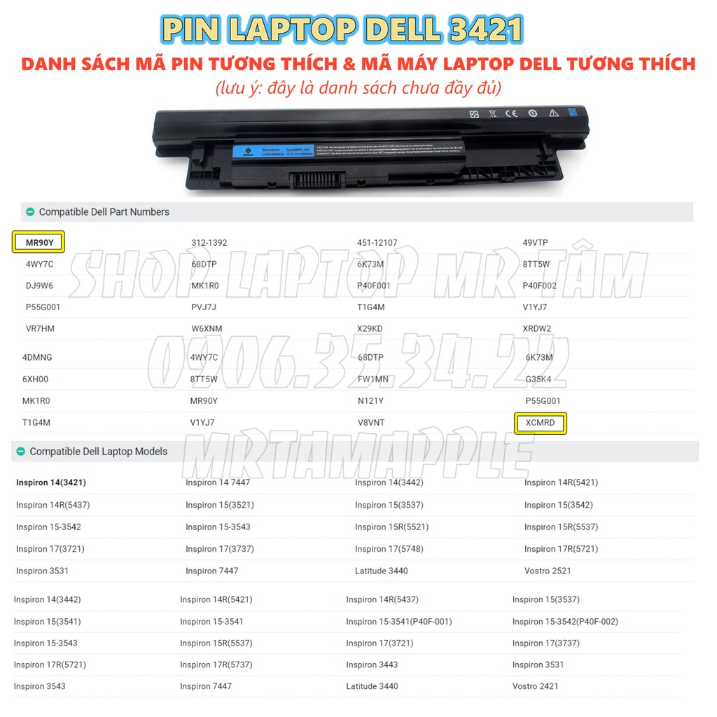 (BATTERY) PIN LAPTOP DELL 3421 - 6 CELL - Inspiron 14-3421 3437 3441 3442 3446, 14R-5421 5437 15-3521 3531 XCMRD MR90Y