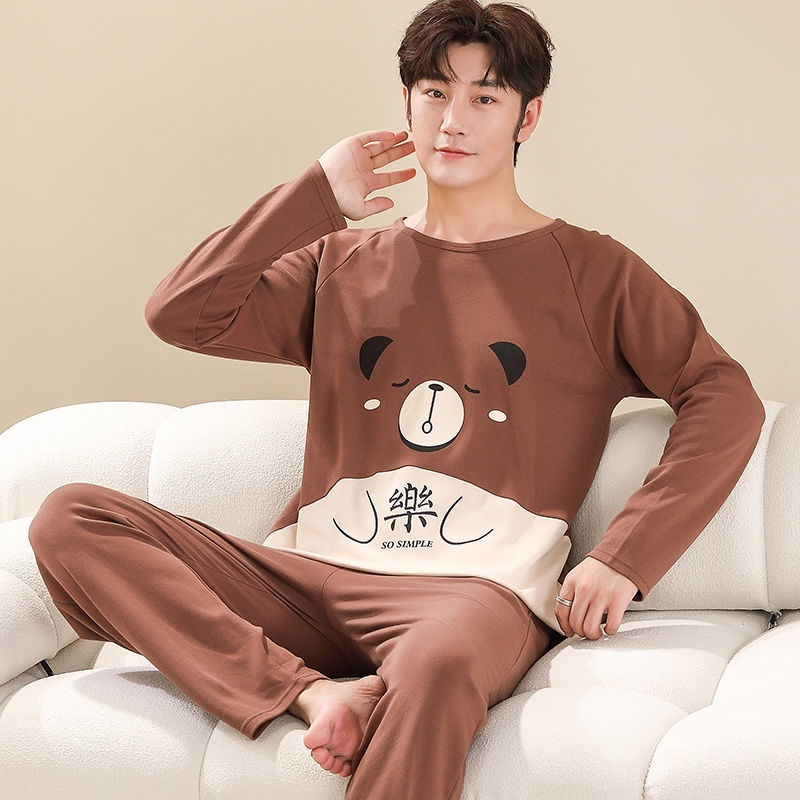 Bộ Đồ Ngủ Tay Dài Chất Liệu Cotton In Họa Tiết Hoạt Hình Dễ Thương Cho Nam
