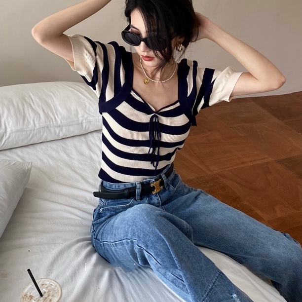 Áo dệt kim ZHELIHANGFEI ngắn tay cổ vuông kẻ sọc phối dây buộc thời trang trẻ trung