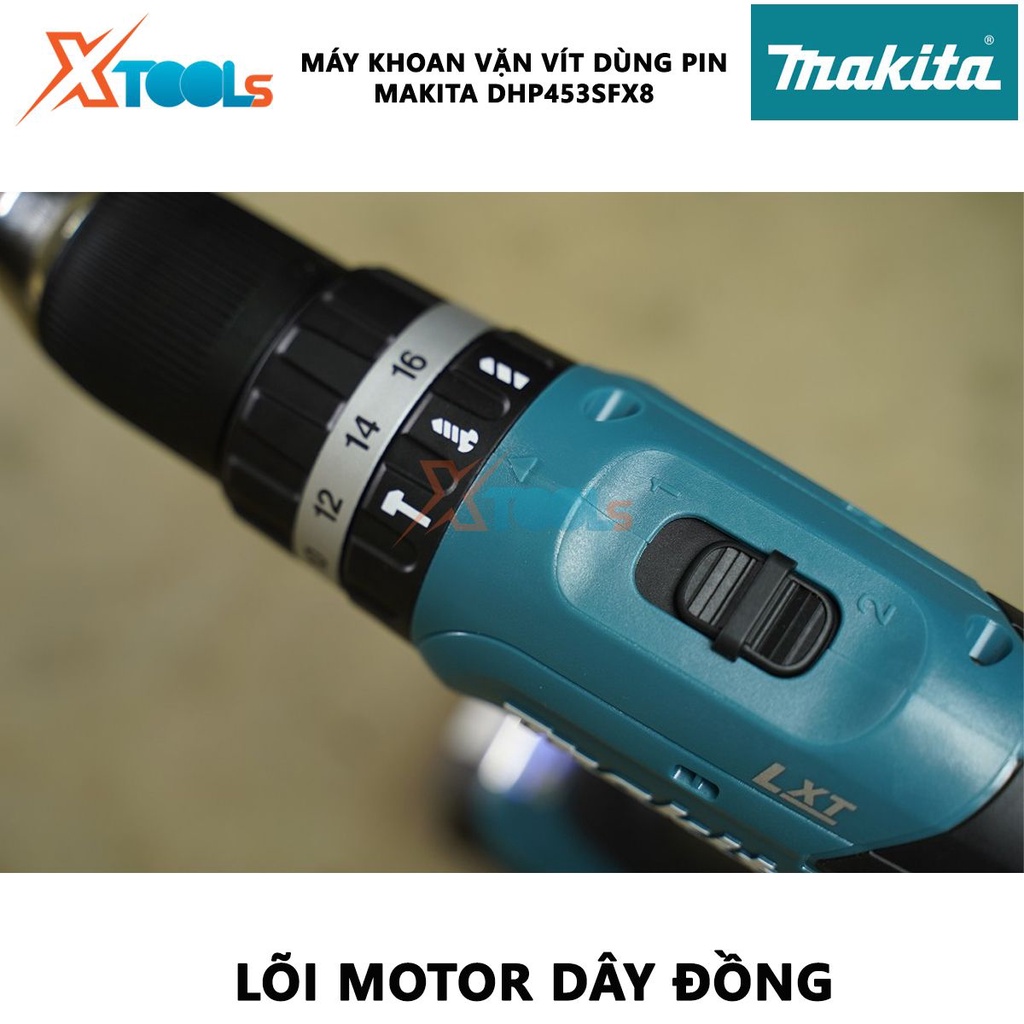 Máy khoan vặn vít Makita DHP453SFX8 | Máy khoan búa chạy pin Lực vặn tối đa: Cứng/mềm 42/27 N.m dùng trong các công việc