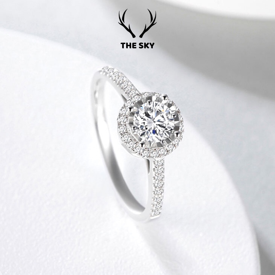Nhẫn bạc nữ THE SKY NB02 mặt tròn đính đá sáng lấp lánh, nhẫn bạc ta hàng thiết kế hot trend