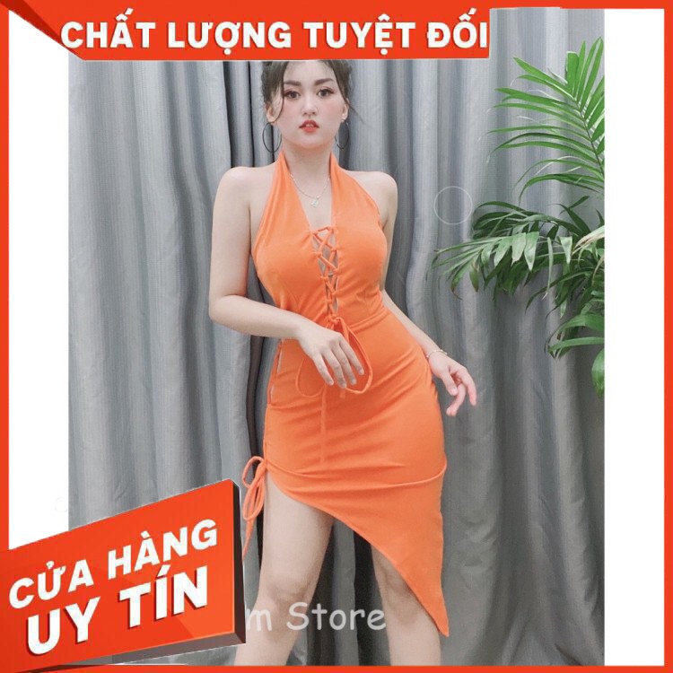✔️hienphamstore✔️ Đầm đan dây xéo tà, yếm vạt xéo cột dây cổ, màu kem nude - DN8581