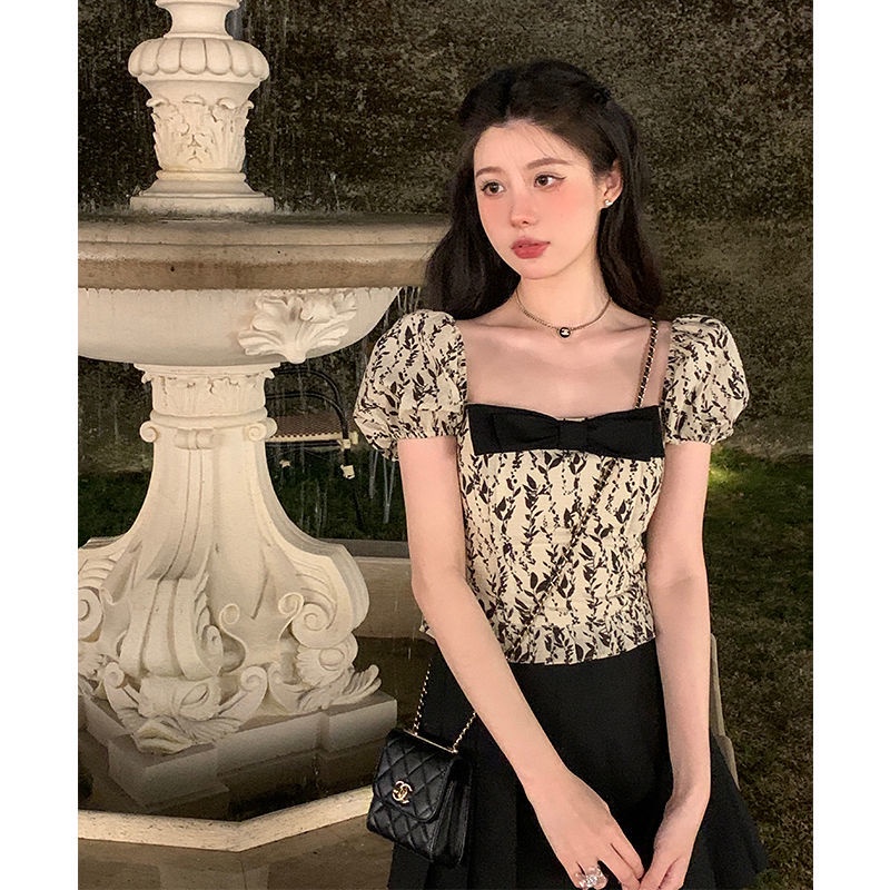 Áo Sơ Mi Ngắn Tay Đính Nơ Họa Tiết Hoa Phong Cách Pháp Mẫu Mới 2022 Thời Trang Mùa Hè Cho Nữ