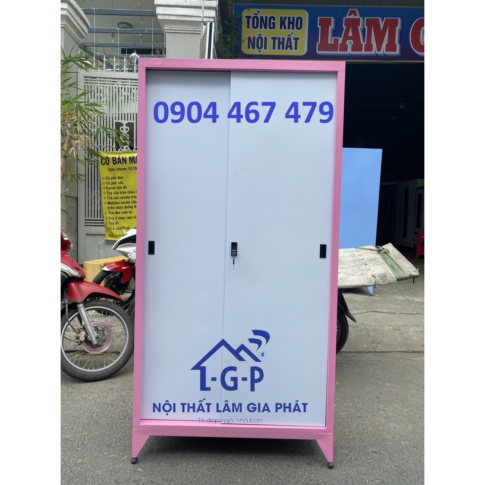 Tủ sắt cửa lùa 2 cánh sơn tĩnh điện màu hồng mới