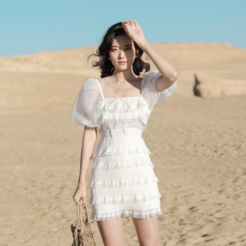 Đầm Lưới Xếp Tầng Hở Lưng Thời Trang Đi Biển Mùa Hè Quyến Rũ Cho Nữ