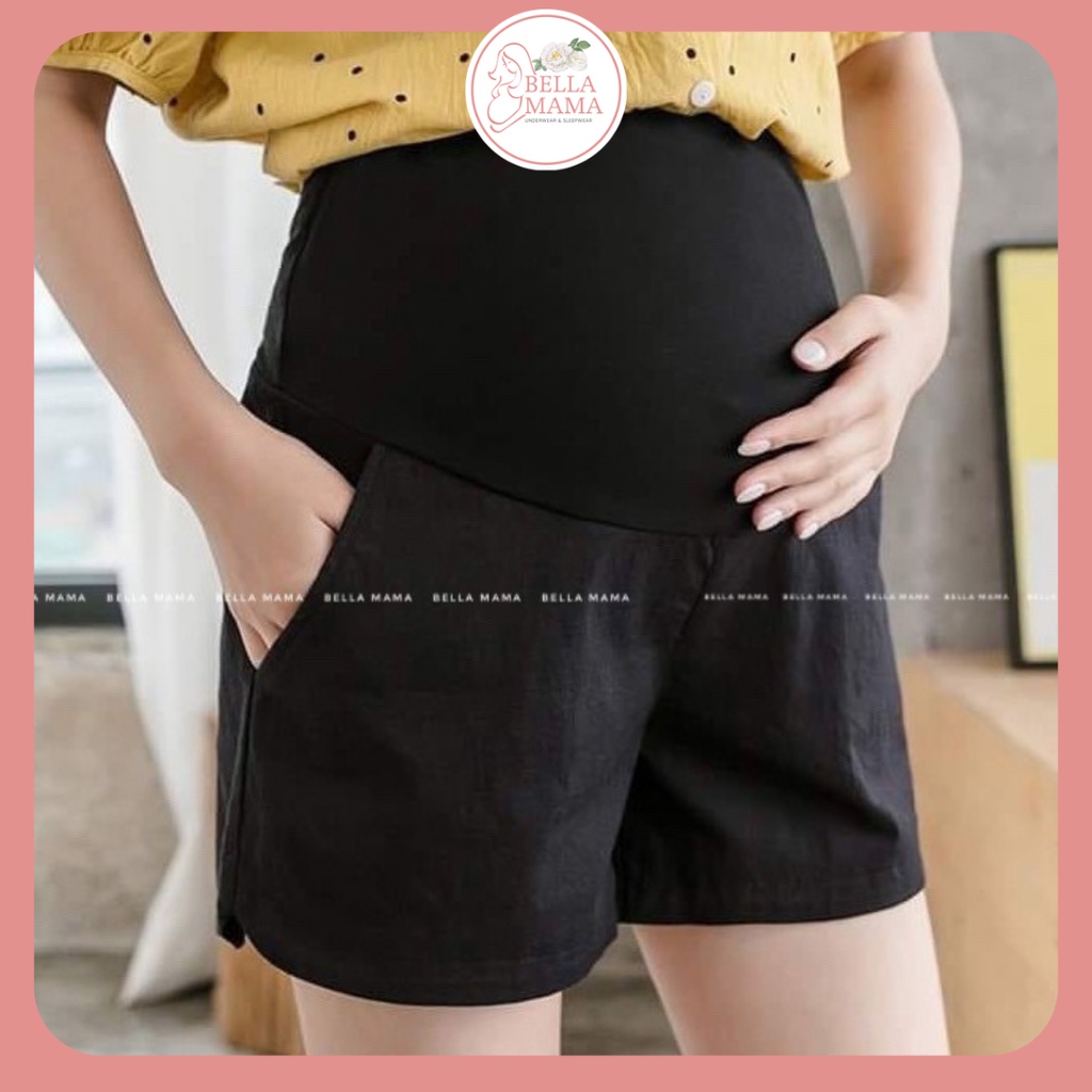 Quần đùi đũi bầu Bella Mama | Quần sooc bầu | Chất đũi mềm mát có chun chỉnh| Size S-2XL(45-82kg) | 2 màu BE-ĐEN siêu x