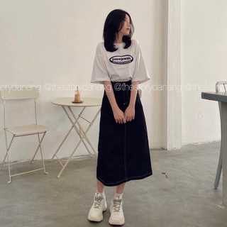 [Ảnh thật] Chân váy chữ A denim chun sau dáng dài xẻ tà viền chỉ nổi - Chân váy bò dáng dài dập chỉ nổi ulzzang