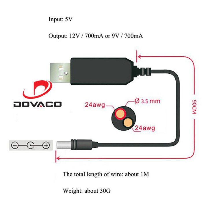 Cáp chuyển đổi điện áp từ cổng USB 5V sang 12V