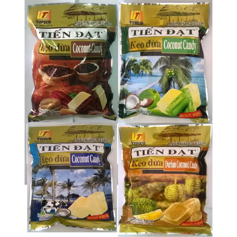 Kẹo dừa dẻo Tiến Đạt dạng túi 300g - Đặc sản Bến Tre - Vị sữa, ca cao, sầu riêng và lá dứa