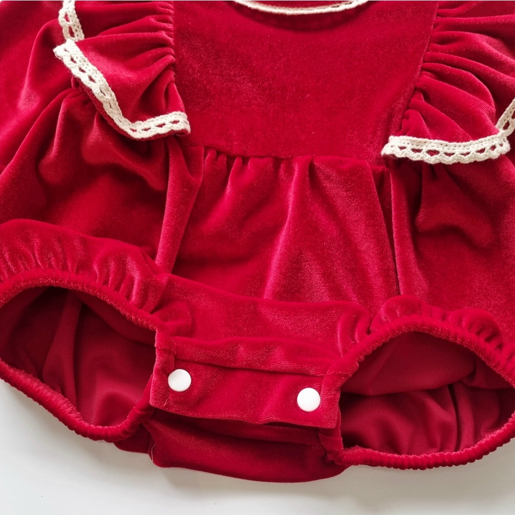Bodysuit nhung đỏ tay cánh tiên cho bé gái sơ sinh mặc thôi nôi, đầy tháng Thu Đông - Riokids BD81