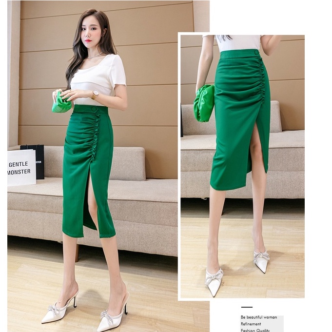 Chân váy bút chì dài xẻ trước nhún sườn thời trang