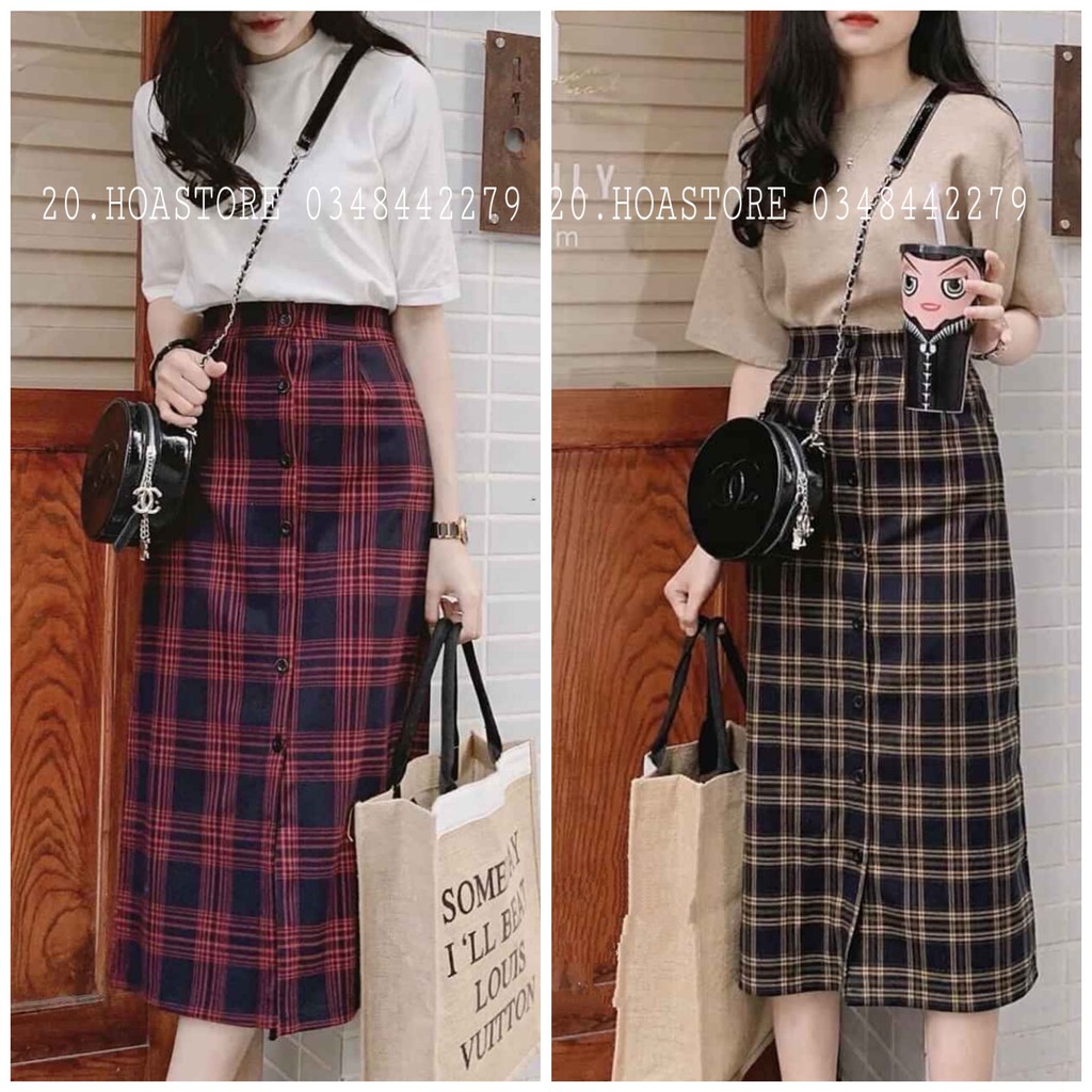 CHÂN VÁY MIDI CARO KẺ ĐỎ - CHÂN VÁY KẺ XANH DÀI ULZZANG