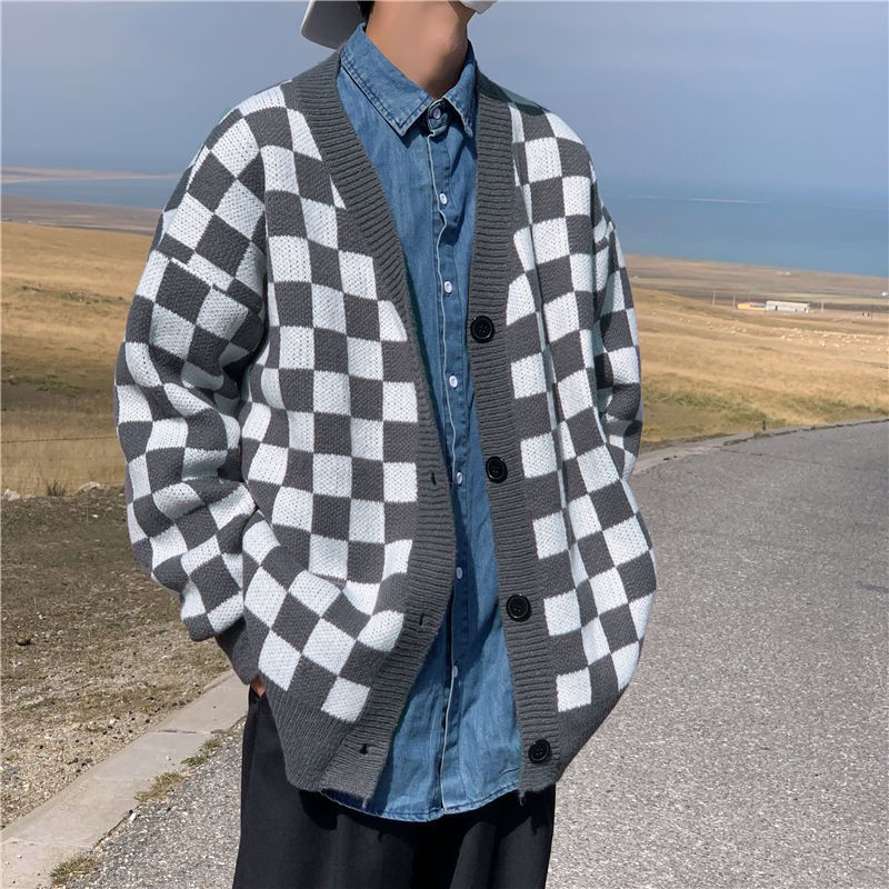 Áo khoác cardigan họa tiết kẻ ô thời trang thu đông cho cặp đôi