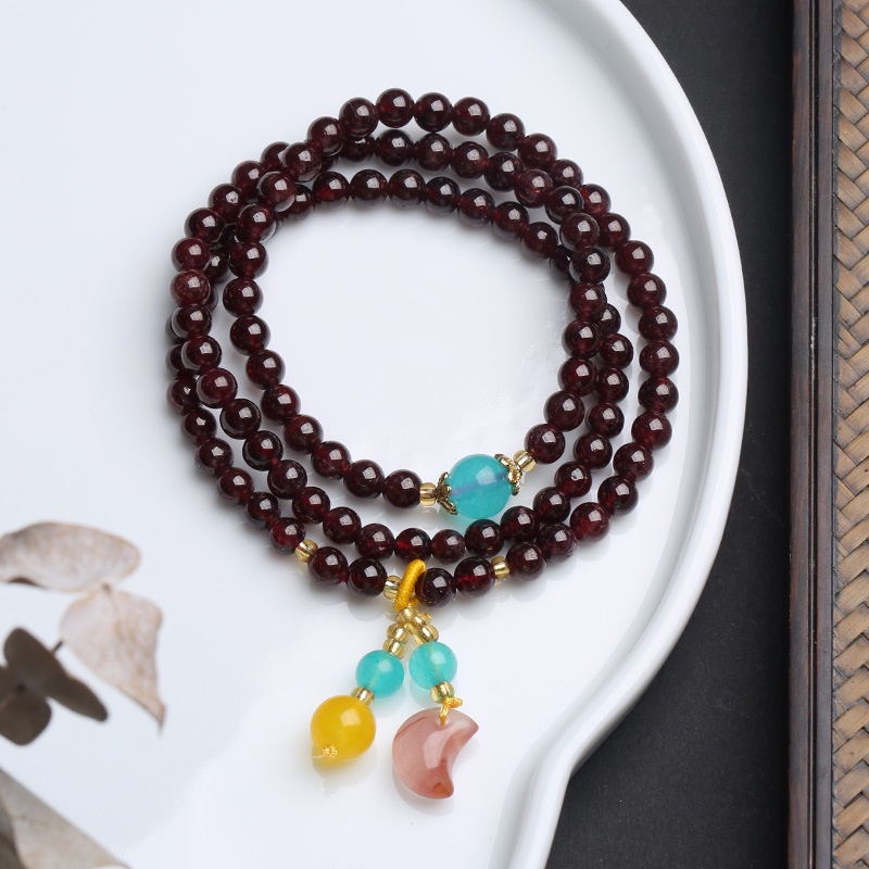 Vòng Tay Đính Đá Pha Lê Mặt Trăng Ba Vòng Màu Đỏ Phong Cách Nam Tính Thời Trang Mùa Hè