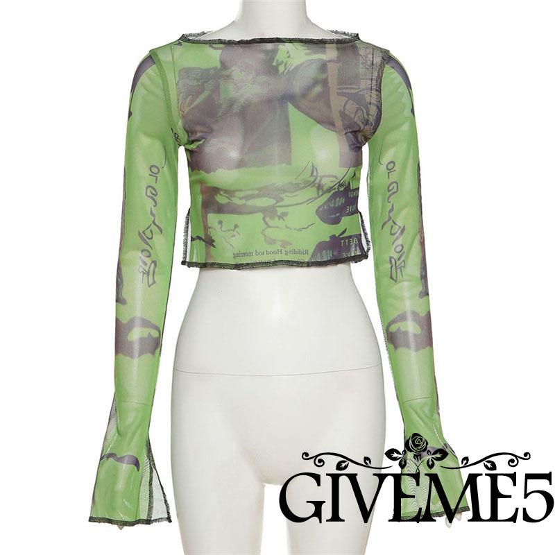 Áo thun xẻ tà tay dài vải lưới xuyên thấu in họa tiết thời trang quyến rũ cho nữ