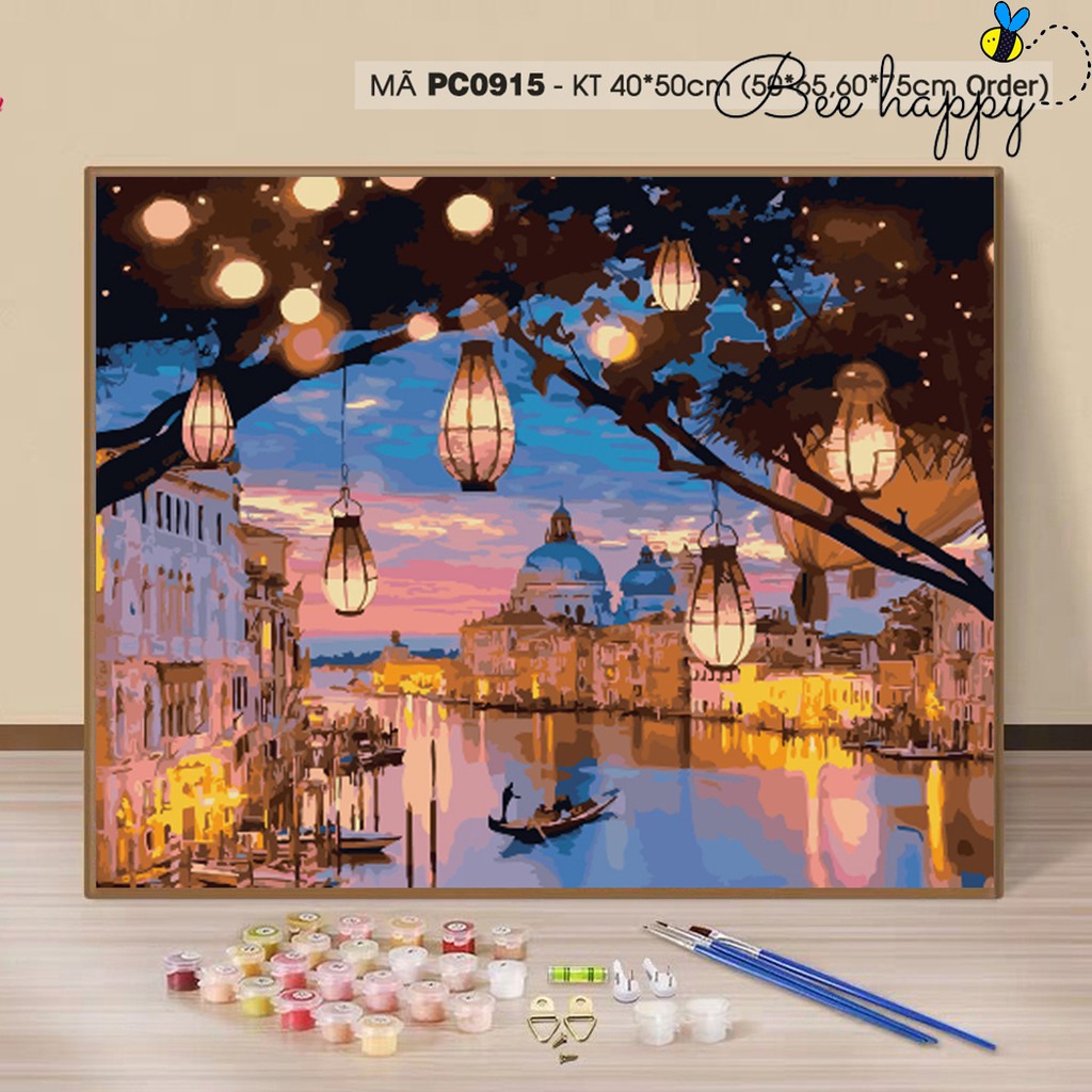 Tranh tô màu theo số sơn dầu số hóa cảnh đêm Venice đèn lồng BEE HAPPY Mã PC0915