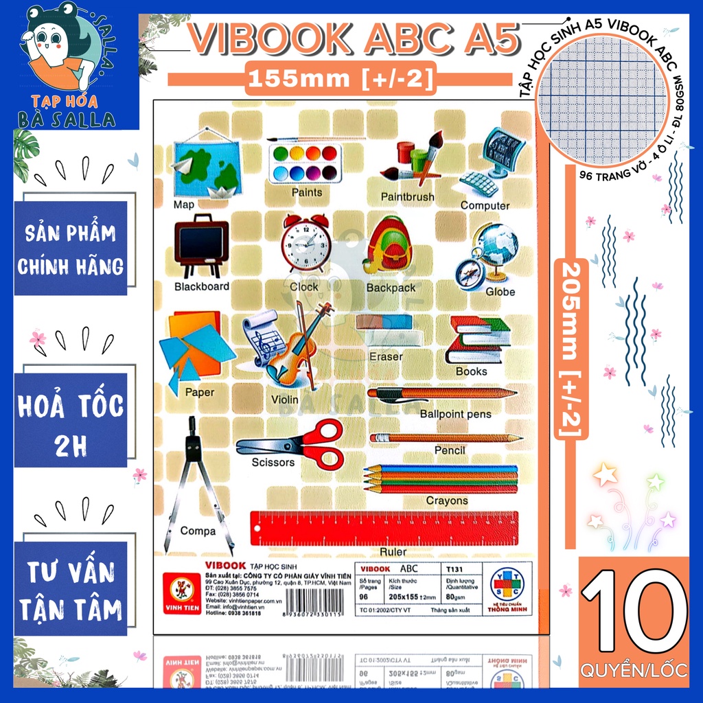 Lốc 10 Quyển Tập Vibook Ten ABC 96 Trang ĐL 80Gsm - Mẫu Ngẫu Nhiên
