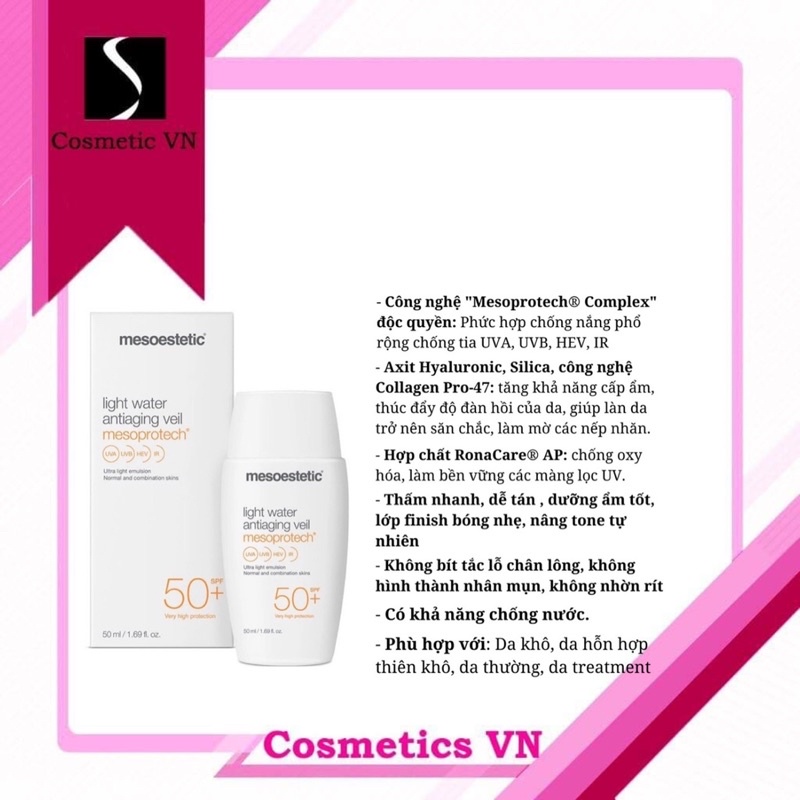 Kem chống nắng Mesoestetic Light Water Antiaging Veil và Mineral Matt Antiaging Fluid Mesoprotech SPF50+/KCN Meso