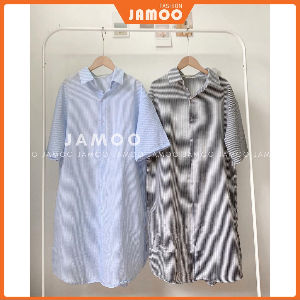 VÁY SƠ MI KẺ DỌC SUÔNG FORM RỘNG - Váy sơ mi kẻ đen/xanh dáng suông JAMOO