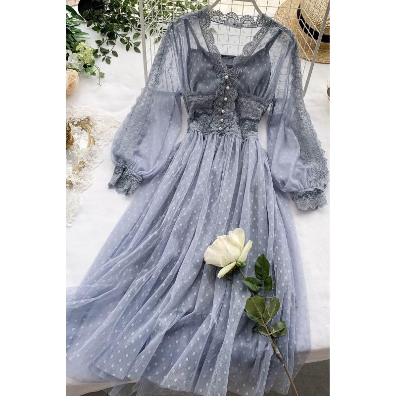 IELGY Đầm Dáng Dài Phối Lưới Thiết Kế Ngọt Ngào Thời Trang Mới Cho Nữ