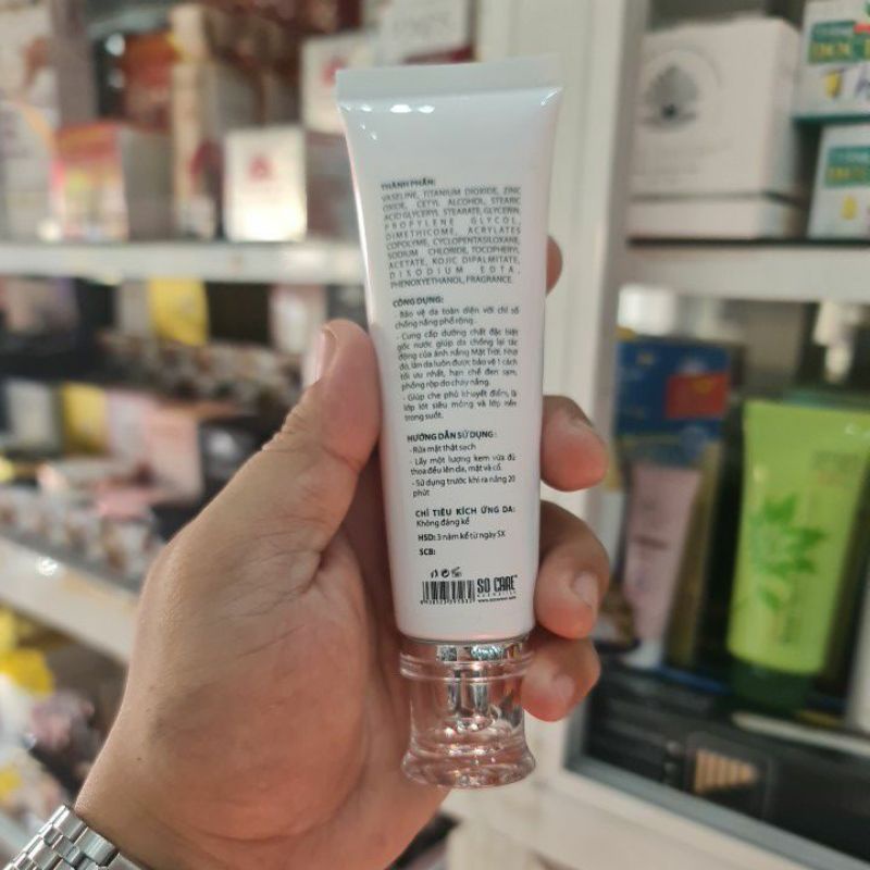 Kem chống nắng SO CARE SPF 50+++ lót trang điểm cao cấp mềm mịn tự nhiên dưỡng trắng da mặt che mờ thâm nám khuyết điểm.