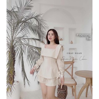 Set áo bèo ngực cổ vuông tay dài cột nơ phối quần short!