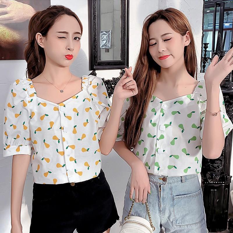 Áo Blouse nữ tay ngắn cổ chữ U in hình trái cây thời trang Hàn Quốc