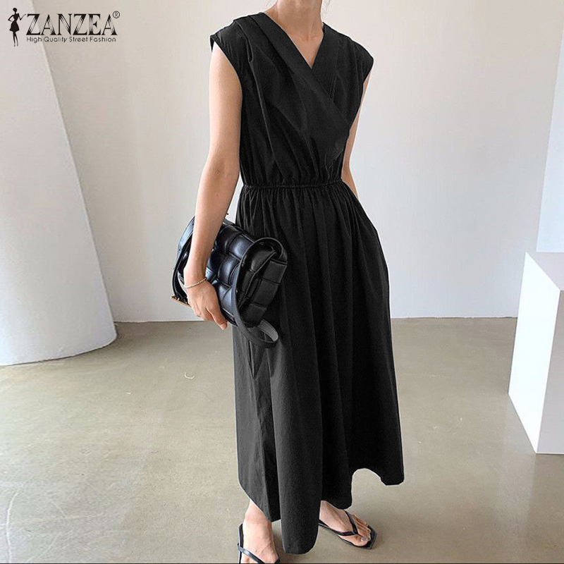 ZANZEA Women Casual V-Neck Sleeveless Swing Pleated Loose Long Dress | BigBuy360 - bigbuy360.vn
