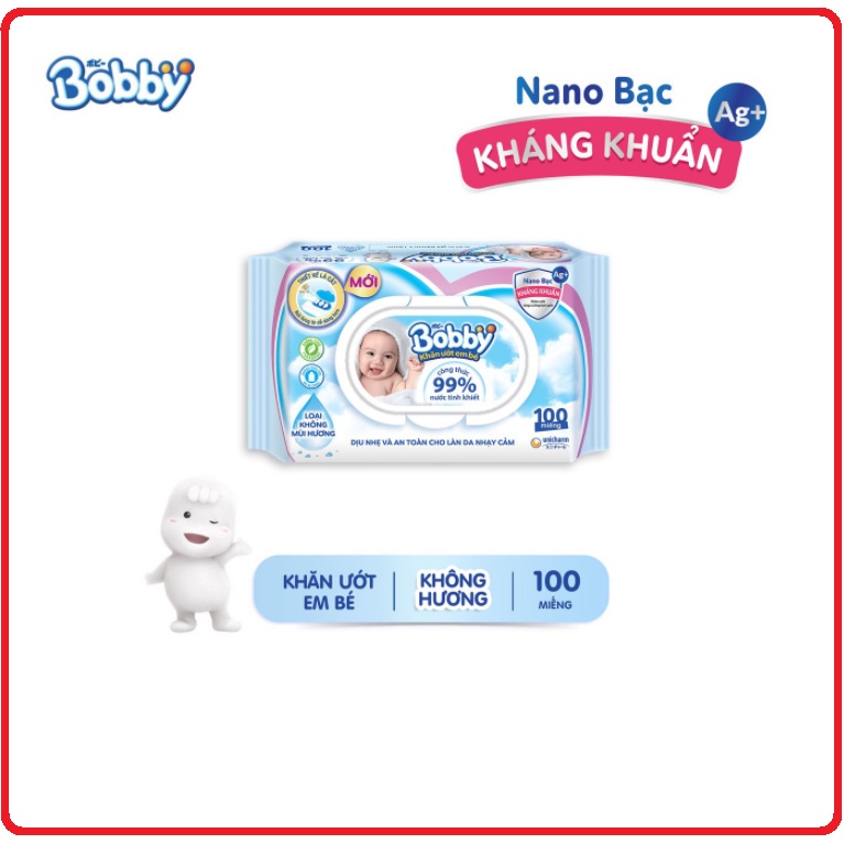 Khăn Ướt BOBBY Không Mùi (Xanh) &amp; Hương Thơm Nhẹ Nhàng (Hồng) 100 tờ/gói