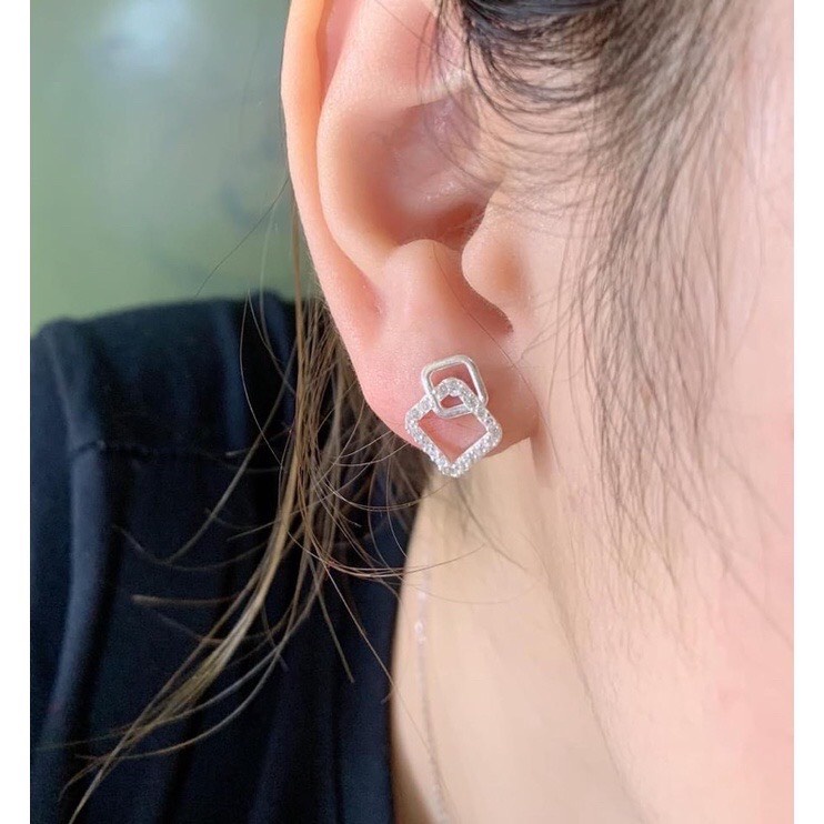 Bông tai nữ bạc ta vuông lồng đính đá sang chảnh - Kho sỉ bạc Nhất Linh