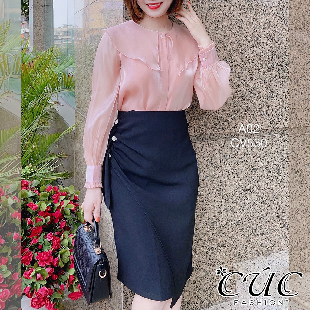 Chân váy bút chì công sở nữ dáng dài Cúc Fashion CV530 đầm body bèo 3 ngọc