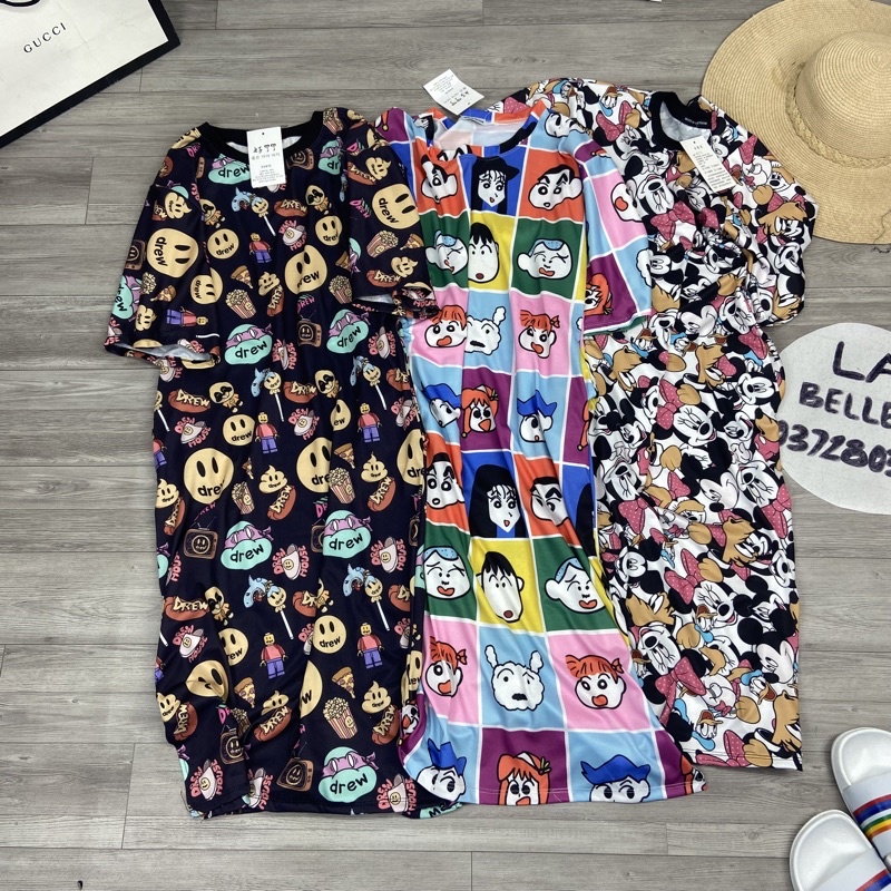Váy suông hoạt hình 3D có túi xẻ tà Đầm xuông dáng rộng tay lỡ giấu quần chất cotton