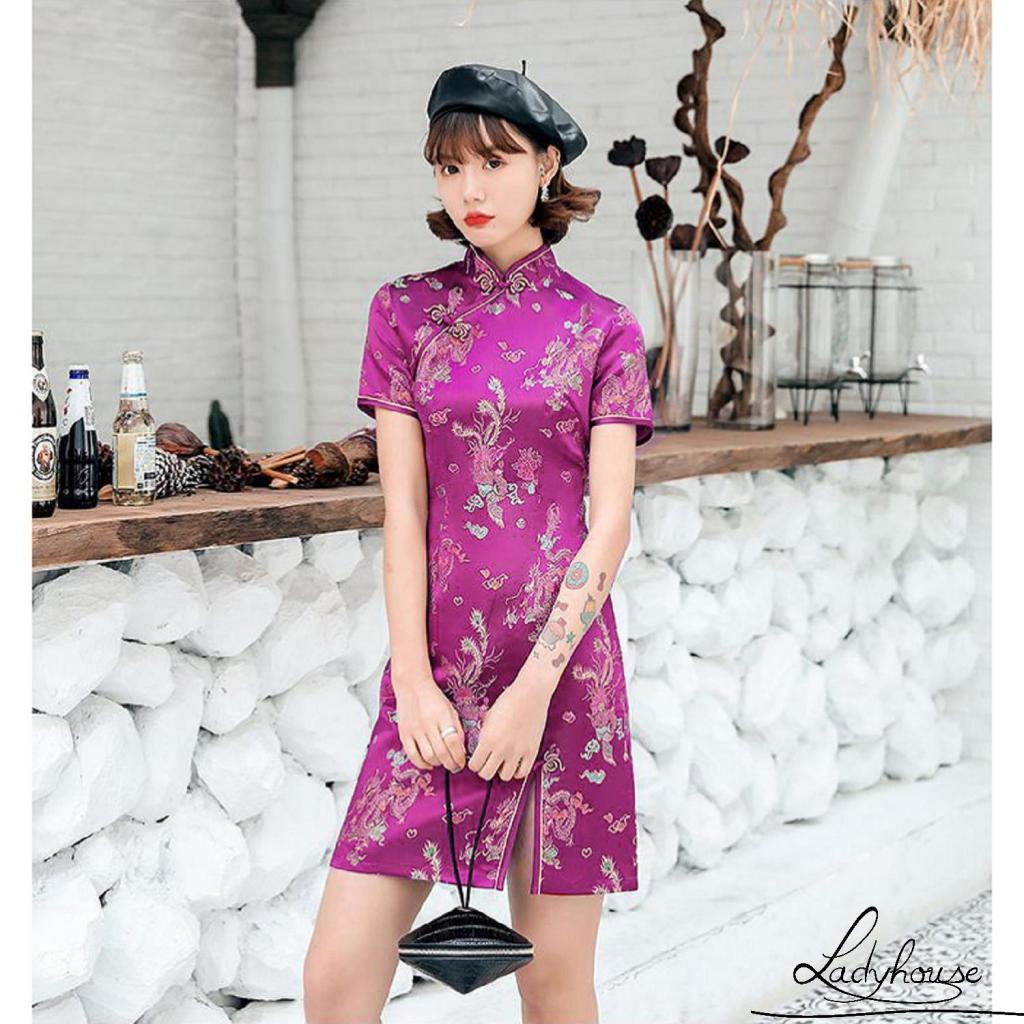 Đầm sườn xám tay ngắn xẻ tà in hình chim phượng hoàng phong cách Trung Hoa cổ điển thời trang cho nữ