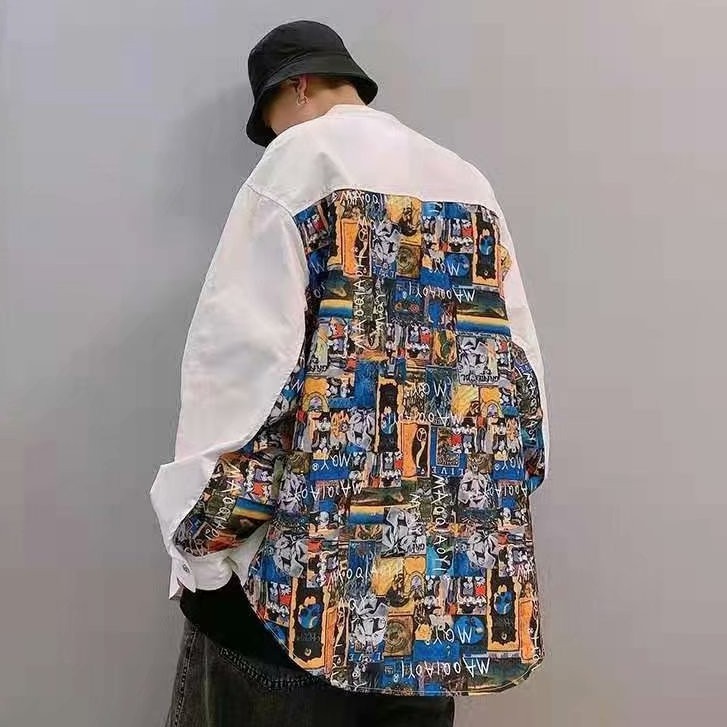 Áo sơ mi dáng rộng in họa tiết phong cách Hàn Quốc thời trang cho nam và nữ size M-2XL