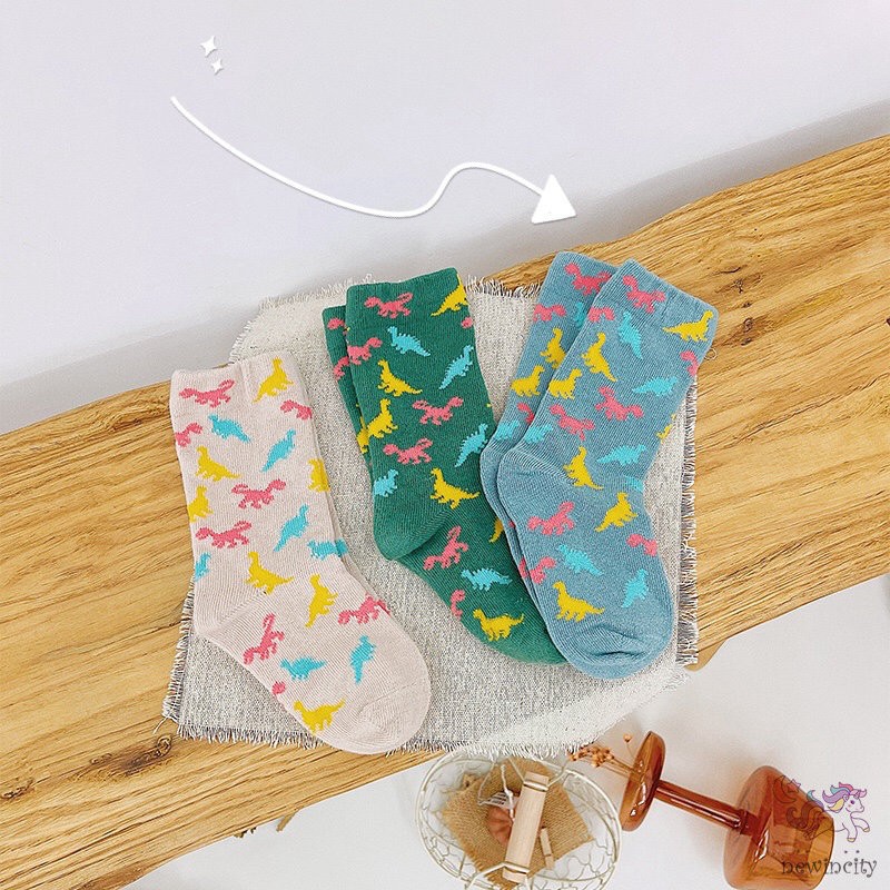 Set 3 Đôi Tất Cotton In Hình Khủng Long Hoạt Hình Nhiều Màu Sắc Cho Bé