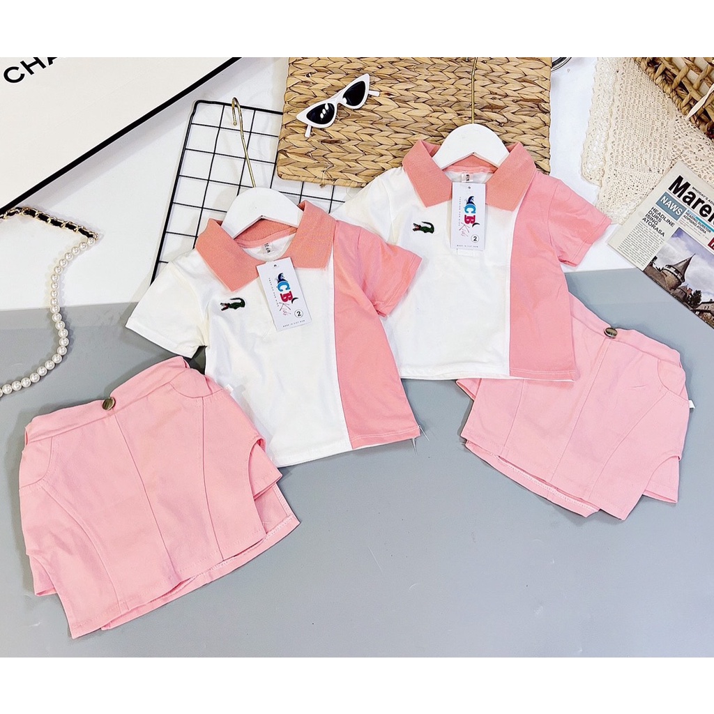 Sét chân váy kèm áo thun bé gái, set áo polo Lcs kèm quần váy hồng xịn sò cho bé