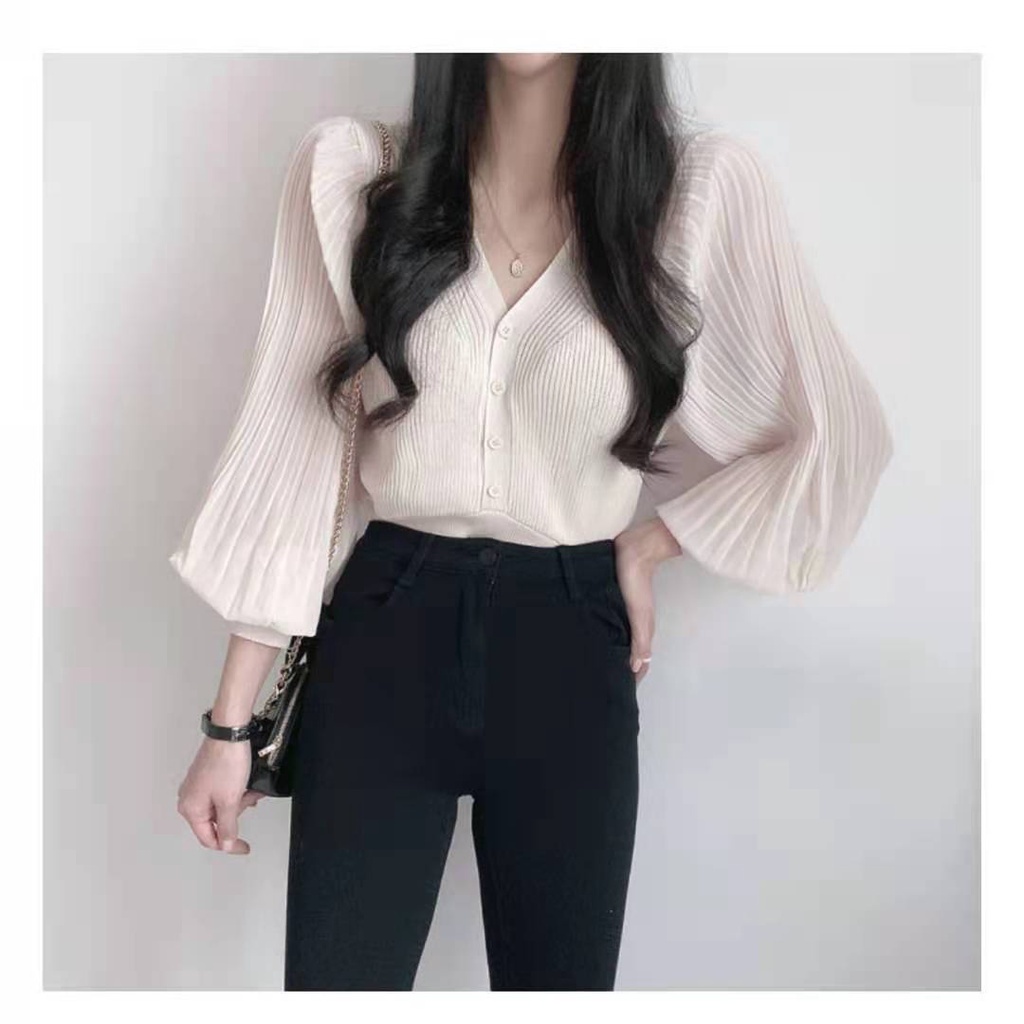 Áo Sơ Mi Chiffon Dệt Kim Cổ Chữ V Thời Trang Mùa Hè Hàn Quốc Cho Nữ