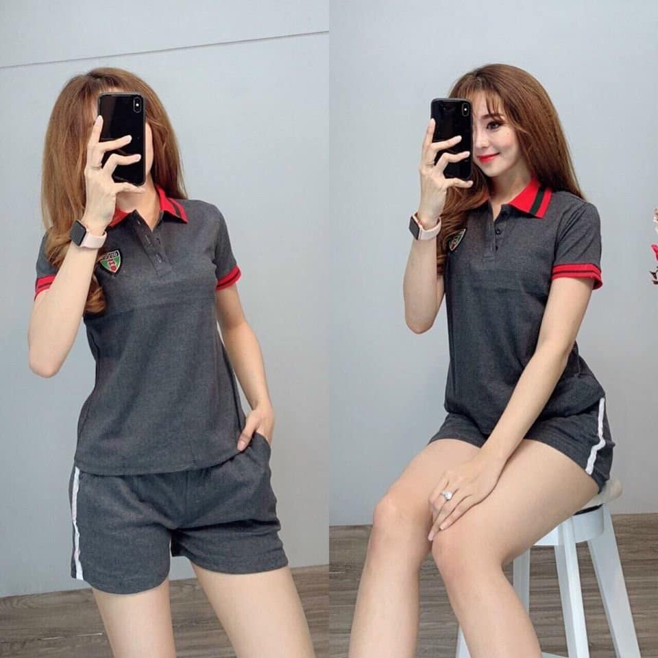 Set Bộ Cotton Đùi Phối Cổ Logo Thêu Cực Xinh - Mẫu Mặc SP Thật