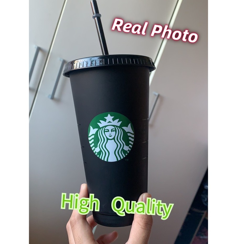 Ly uống nước họa tiết Starbucks bằng nhựa trong suốt 700ml có nắp đậy và ống hút chất lượng cao