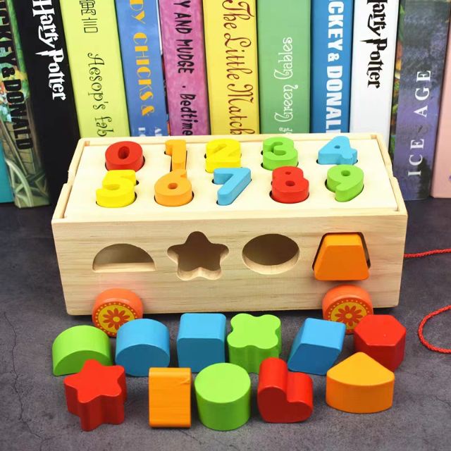Xe Kéo Thả Số Và Hình Khối, Đồ chơi Gỗ Thông Minh Cho Bé montessori