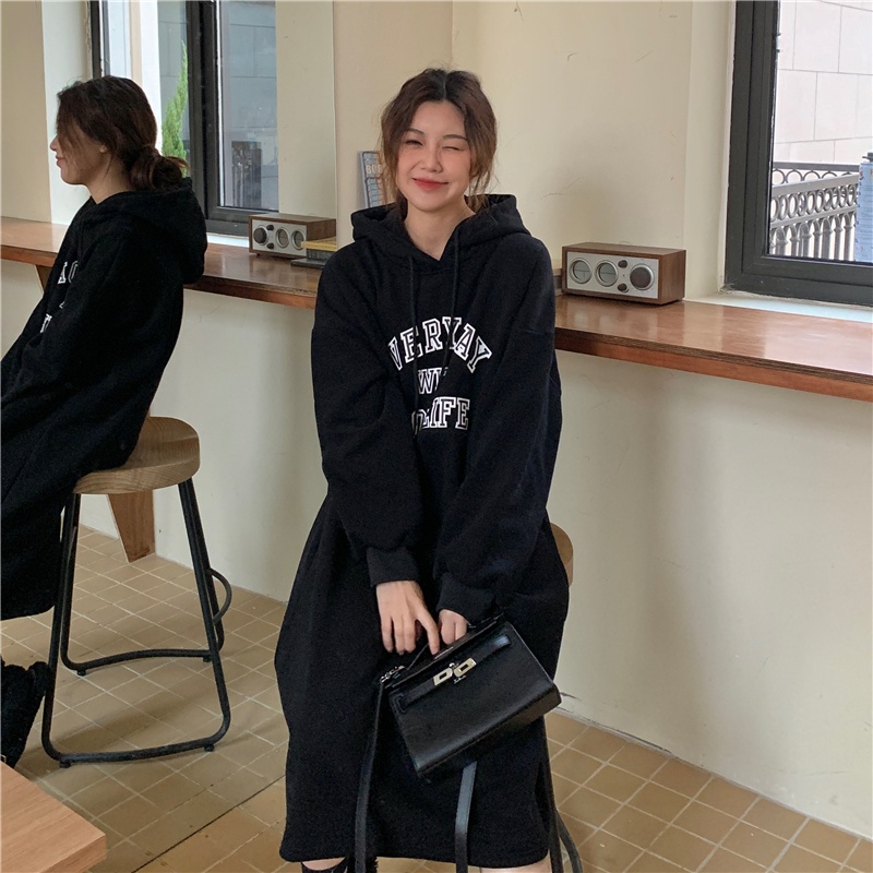 Đầm Hoodie Dáng Rộng In Chữ Có Túi Thời Trang Mùa Đông Hàng Mới Dành Cho Bạn Nữ