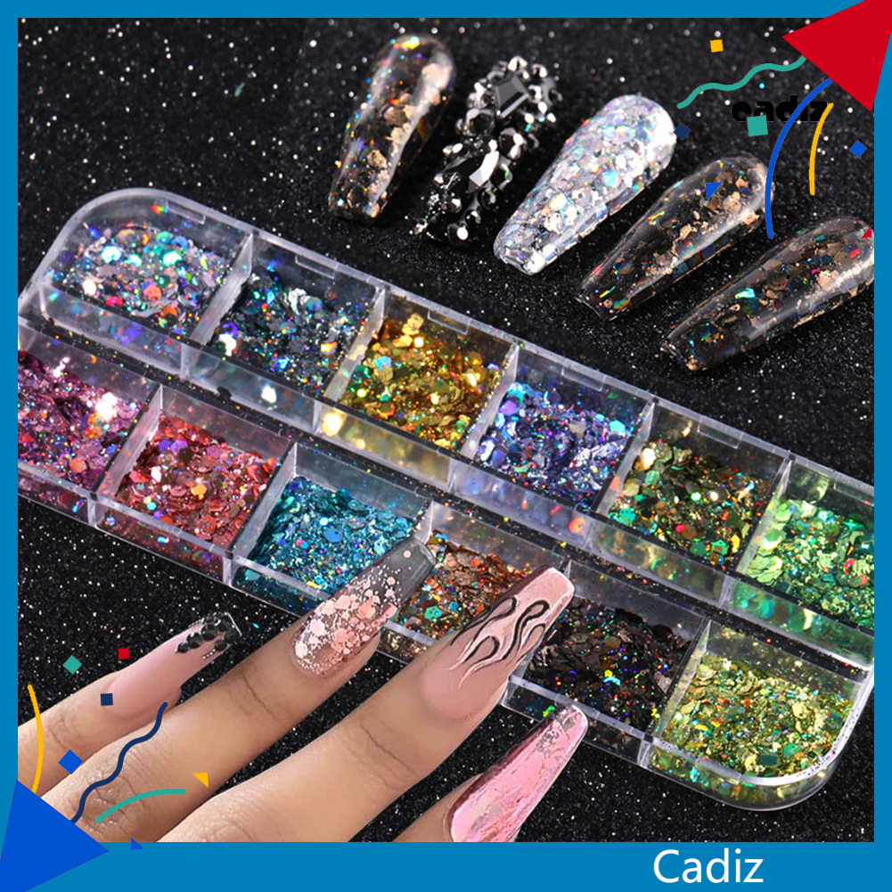 [Hàng mới về] Hộp Hạt Kim Tuyến Trang Trí Móng Tay Thiết Kế 12 Ngăn