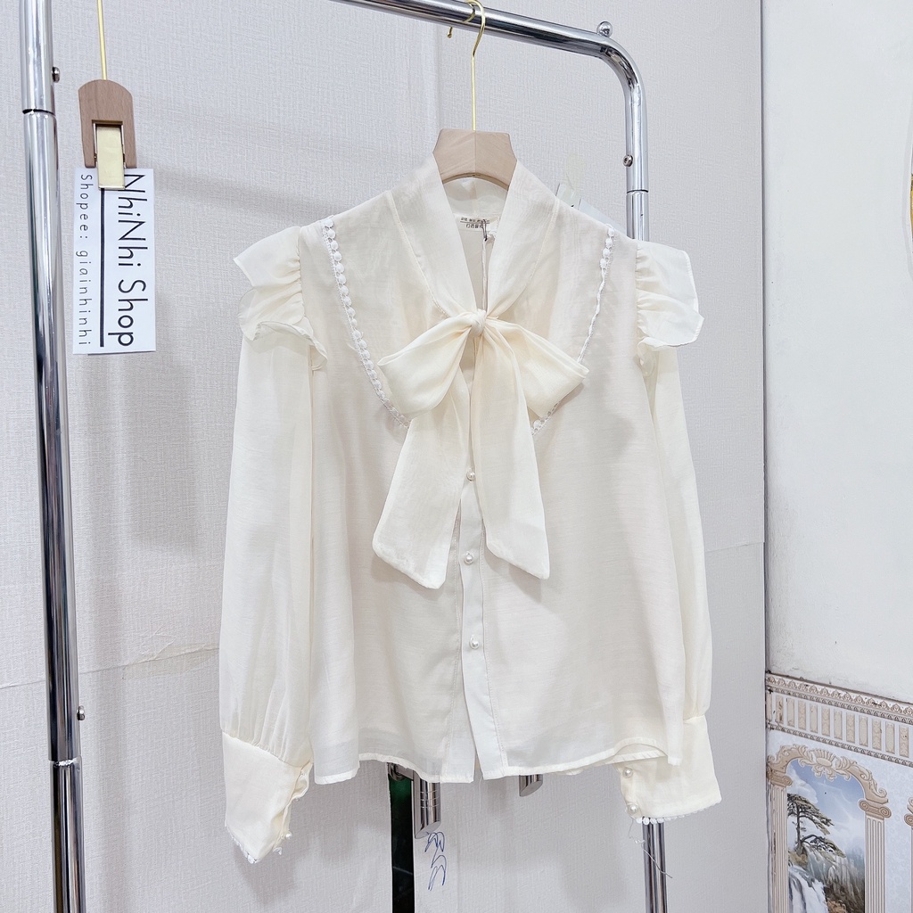 Áo sơ mi von cổ nơ bèo vai, Áo kiểu dài tay cổ buộc nơ thiểu thư SM9381 - NhiNhi Shop
