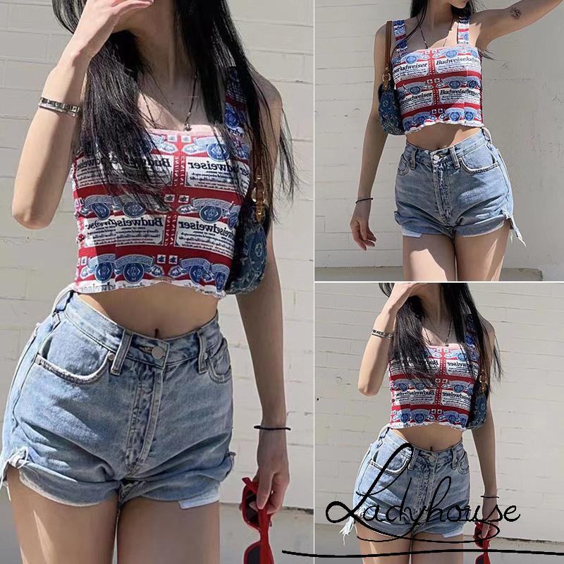 Áo Croptop Hai Dây Không Tay In Chữ Nhiều Màu Sắc Phong Cách Cổ Điển Thời Trang Mùa Hè Cho Nữ