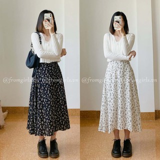 Chân váy hoa nhí, chân váy midi hoa cỏ cạp chun sau vintage - CV07FG