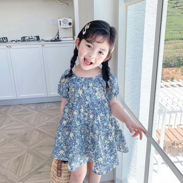 Váy cho bé gái hoa nhí tay bồng bo chun ngực nơ lưng buộc