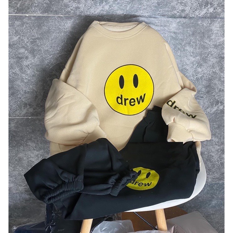 Set bộ nỉ áo hoodie in hình mặt cười chữ DREW freesize form rộng kiểu dáng vintage